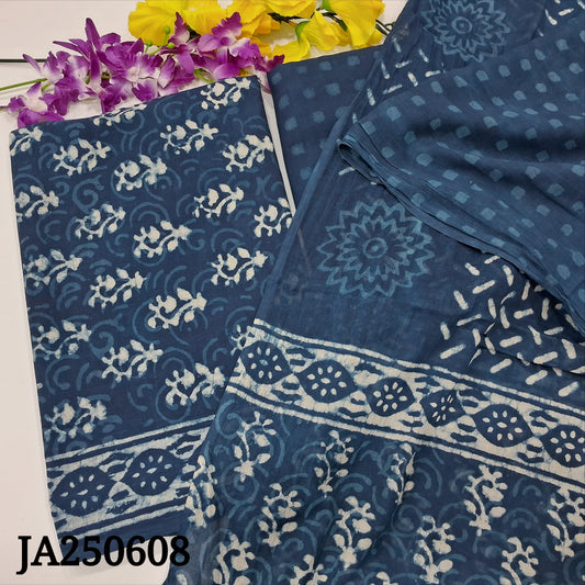 CODE JA250608 : Indigo blue hand block printed pure cotton unstitched salwar material(lining needed)hand block printed cotton bottom, hand block printed pure mul cotton full length dupatta(REQUIRES TAPINGS).