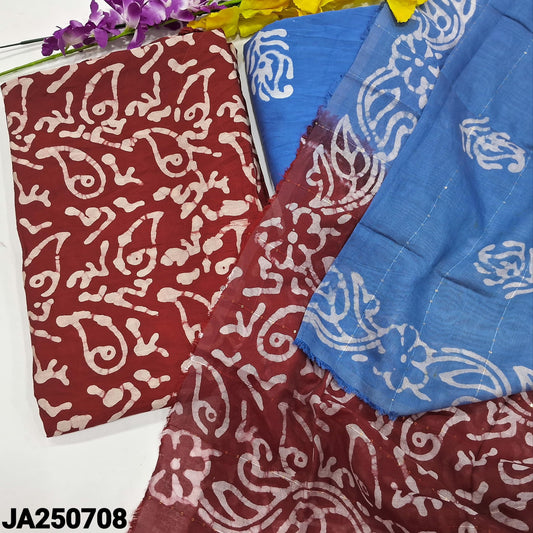 CODE JA250708 : Maroon original wax batik dyed fancy silk unstitched salwar material(thin, lining needed)batik dyed powder blue fancy silk bottom, dual shaded batik dyed fancy silk cotton short width dupatta with sequins work(REQURES TAPINGS).