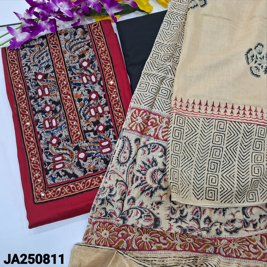 CODE JA250811 : Maroon premium satin cotton unstitched salwar material, kalamkari printed yoke with real mirror& sequins work(lining optional)Black drum dyed cotton bottom, block printed fancy silk cotton dupatta with gold tissue pallu.