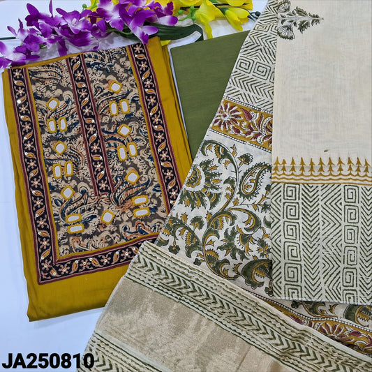 CODE JA250810 : Mehandhi yellow premium satin cotton unstitched salwar material, kalamkari printed yoke with real mirror& sequins work(lining optional)Olive green drum dyed cotton bottom, block printed fancy silk cotton dupatta with gold tissue pallu.