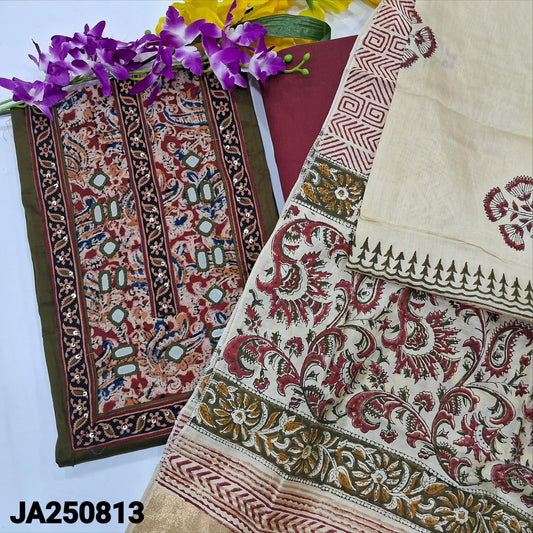 CODE JA250813 : Olive green premium satin cotton unstitched salwar material, kalamkari printed yoke with real mirror& sequins work(lining optional)maroon drum dyed cotton bottom, block printed fancy silk cotton dupatta with gold tissue pallu.