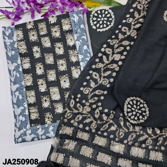 CODE JA250908 : Greyish blue original wax batik dyed premium satin cotton unstitched salwar material, thread& sequins work on yoke(lining optional)black batik dyed cotton bottom, batik dyed pure mul cotton full length dupatta.