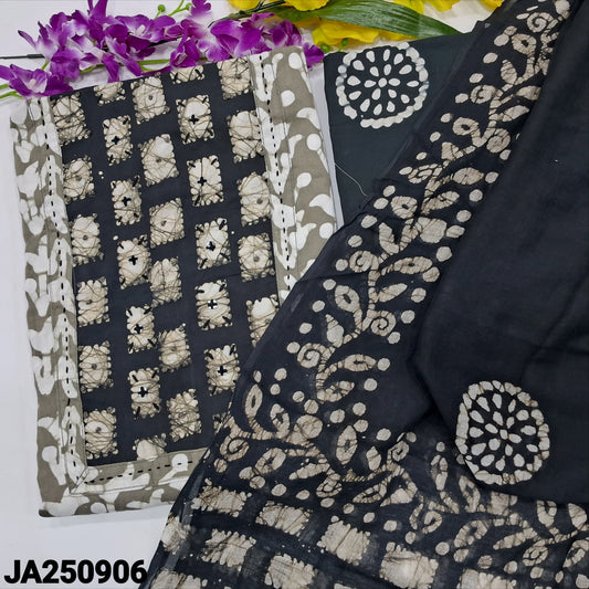 CODE JA250906 : Light grey original wax batik dyed premium satin cotton unstitched salwar material, thread& sequins work on yoke(lining optional)black batik dyed cotton bottom, batik dyed pure mul cotton full length dupatta.