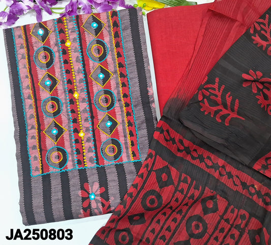 CODE JA250803 : Vertical stiped original wax batik dyed pure kantha cotton unstitched salwar material, real mirror work on yoke &front(lining optional)reddish maroon drum dyed cotton bottom, dual shaded batik dyed full length dupatta(REQUIRES TAPINGS).