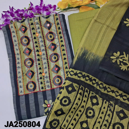 CODE JA250804 : Vertical stiped original wax batik dyed pure kantha cotton unstitched salwar material, real mirror work on yoke &front(lining optional)green drum dyed cotton bottom, dual shaded batik dyed full length dupatta(REQUIRES TAPINGS).