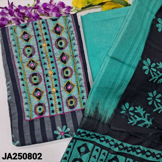 CODE JA250802 : Vertical stiped original wax batik dyed pure kantha cotton unstitched salwar material, real mirror work on yoke &front(lining optional)turquoise green drum dyed cotton bottom, dual shaded batik dyed full length dupatta(REQUIRES TAPINGS).