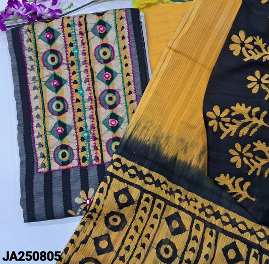 CODE JA250805 : Vertical stiped original wax batik dyed pure kantha cotton unstitched salwar material, real mirror work on yoke &front(lining optional)mehandhi yellow drum dyed cotton bottom, dual shaded batik dyed full length dupatta(REQUIRES TAPINGS).