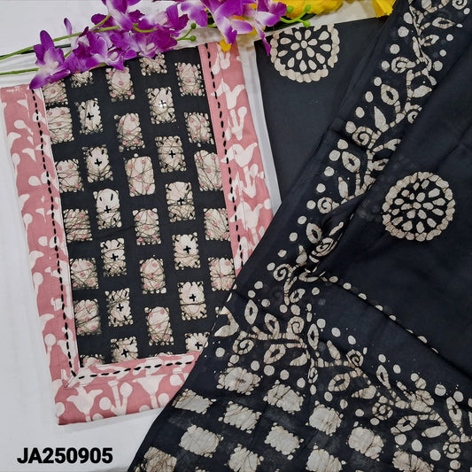 CODE JA250905 : Pastel pink original wax batik dyed premium satin cotton unstitched salwar material, thread& sequins work on yoke(lining optional)black batik dyed cotton bottom, batik dyed pure mul cotton full length dupatta.