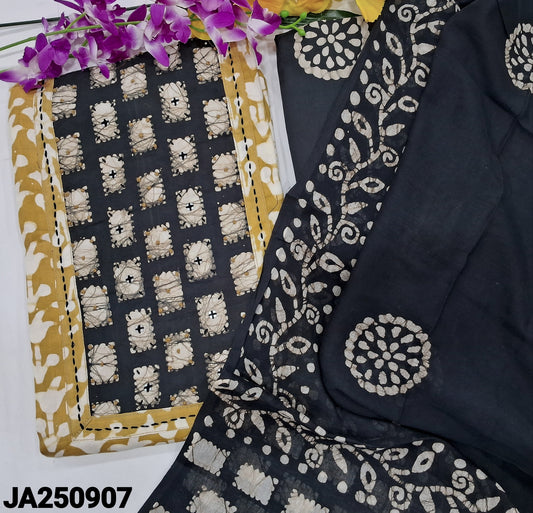 CODE JA250907 : Light fenugreek yellow original wax batik dyed premium satin cotton unstitched salwar material, thread& sequins work on yoke(lining optional)black batik dyed cotton bottom, batik dyed pure mul cotton full length dupatta.