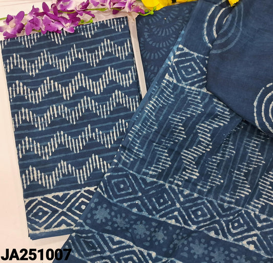 CODE JA251007 : Indigo blue hand block printed premium cotton unstitched salwar material(lining optional)hand block printed cotton bottom, hand block printed pure mul cotton dupatta(REQUIRES TAPINGS).