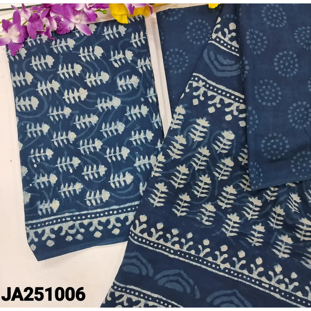 CODE JA251006: Indigo blue hand block printed premium cotton unstitched salwar material (lining optional) hand block
