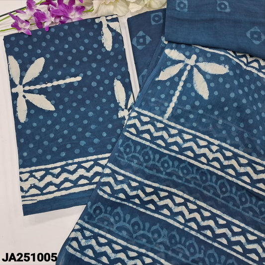 CODE JA251005 : Indigo blue hand block printed premium cotton unstitched salwar material(lining optional)hand block printed cotton bottom, hand block printed pure mul cotton dupatta(REQUIRES TAPINGS).