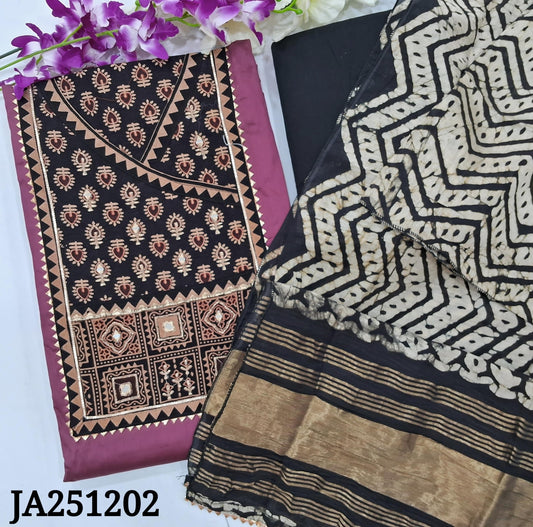 CODE JA251202 : Light beetroot purple satin cotton unstitched salwar material, ajrak printed yoke with zari work(lining optional)black cotton bottom, batik dyed silk cotton dupatta with gold tissue pallu &kota lace tapings.