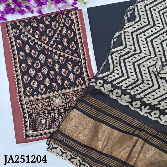 CODE JA251204 : Dark onion pink satin cotton unstitched salwar material, ajrak printed yoke with zari work(lining optional)black cotton bottom, batik dyed silk cotton dupatta with gold tissue pallu &kota lace tapings.