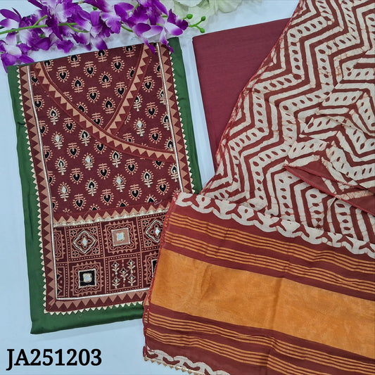 CODE JA251203 : Green satin cotton unstitched salwar material, ajrak printed yoke with zari work(lining optional)maroon cotton bottom, batik dyed silk cotton dupatta with gold tissue pallu &kota lace tapings.