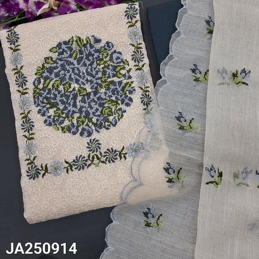 CODE JA250914 : Half white super net unstitched salwar material, cross stitch embroidered on yoke, self embroidered all over(netted fabric, lining needed)dark grey cotton bottom, cross stitch embroidered super net dupatta with scallop edges.