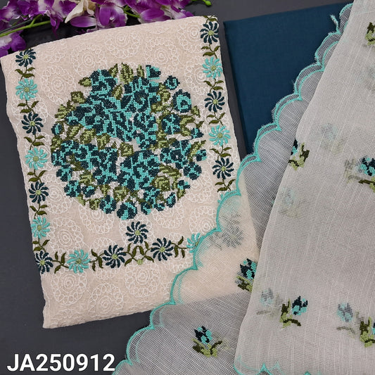 CODE JA250912 : Half white super net unstitched salwar material, cross stitch embroidered on yoke, self embroidered all over(netted fabric, lining needed)teal green cotton bottom, cross stitch embroidered super net dupatta with scallop edges.