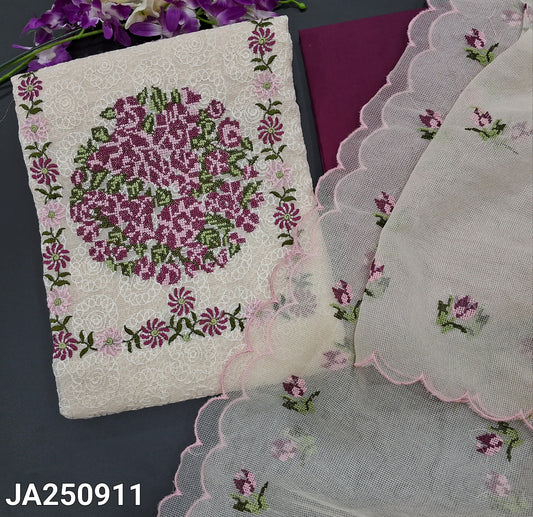 CODE JA250911 : Half white super net unstitched salwar material, cross stitch embroidered on yoke, self embroidered all over(netted fabric, lining needed)dark beetroot purple cotton bottom, cross stitch embroidered super net dupatta with scallop edges.