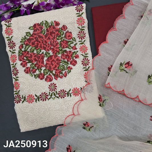 CODE JA250913 : Half white super net unstitched salwar material, cross stitch embroidered on yoke, self embroidered all over(netted fabric, lining needed)maroon cotton bottom, cross stitch embroidered super net dupatta with scallop edges.