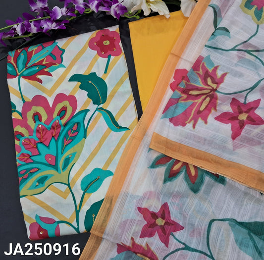 CODE JA250916 : Half white base zigzag printed satin cotton unstitched salwar material(lining needed)yellow spun cotton bottom, floral printed soft mixed cotton dupatta.