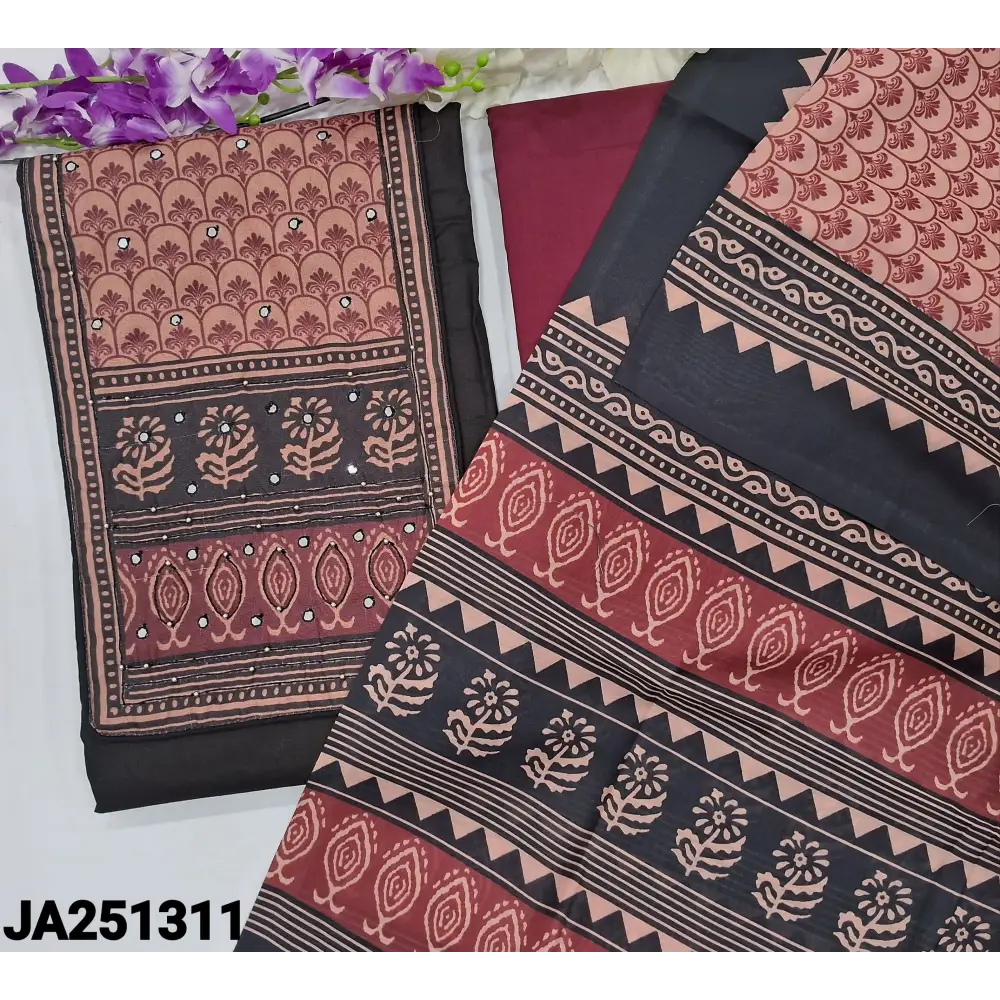 CODE JA251311: Black satin cotton unstitched salwar material printed yoke with faux mirror& bead work(lining