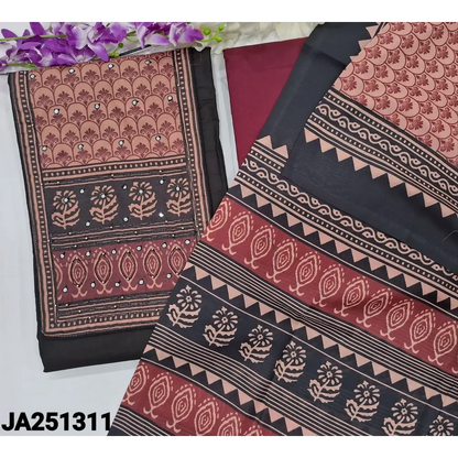 CODE JA251311: Black satin cotton unstitched salwar material printed yoke with faux mirror& bead work(lining