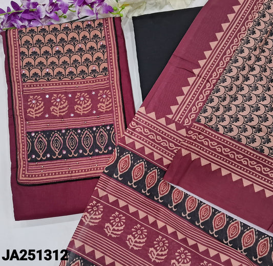 CODE JA251312 : Beetroot purple satin cotton unstitched salwar material, printed yoke with faux mirror& bead work(lining optional)black cotton bottom, digital printed soft silk cotton dupatta.