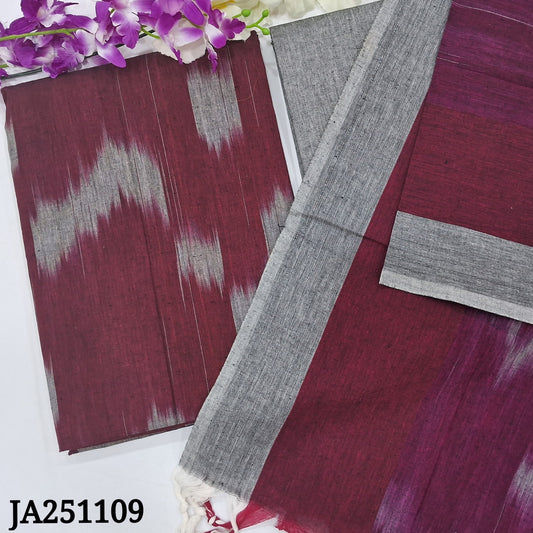 CODE JA251109 : Dark maroon ikat woven south handloom cotton unstitched salwar material(lining optional)grey south handloom cotton bottom, south handloom cotton dupatta with tassels.