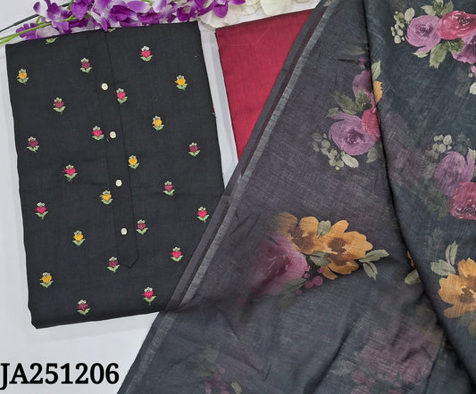 CODE JA251206 : Black semi linen unstitched salwar material, fancy buttons on yoke, embroidered& sequins work on front(lining needed)maroon silk cotton bottom, floral printed semi  linen dupatta.