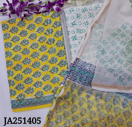 CODE JA251405 : Bright sunshine yellow hand block printed pure cotton unstitched salwar material(lining needed)block printed cotton bottom, hand block printed pure kota cotton dupatta.