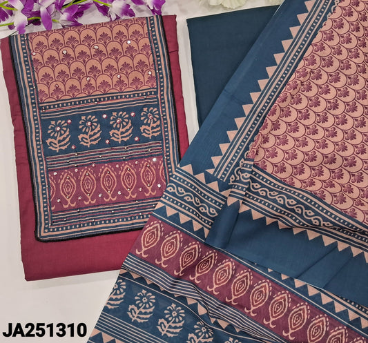 CODE JA251310 : Reddish maroon satin cotton unstitched salwar material, printed yoke with faux mirror& bead work(lining optional)blue cotton bottom, digital printed soft silk cotton dupatta.