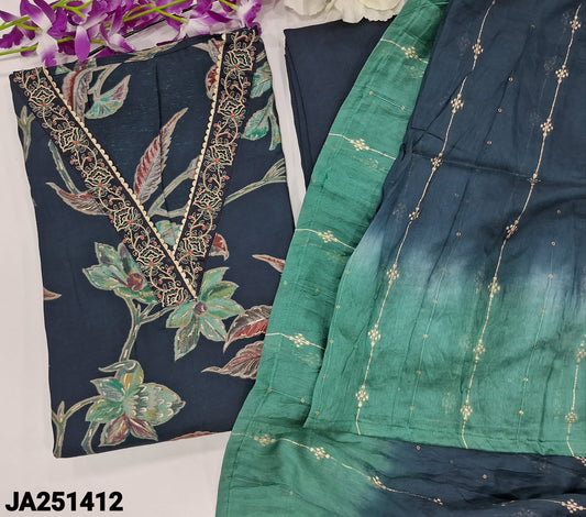 CODE JA251412 : Dark blue modal maslin silk unstitched salwar material, v neck with zari work(lining needed)matching santoon bottom, dual shaded silk cotton dupatta with zari &sequins work.