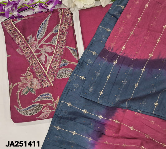 CODE JA251411 : dark beetroot purple modal maslin silk unstitched salwar material, v neck with zari work(lining needed)matching santoon bottom, dual shaded silk cotton dupatta with zari &sequins work.