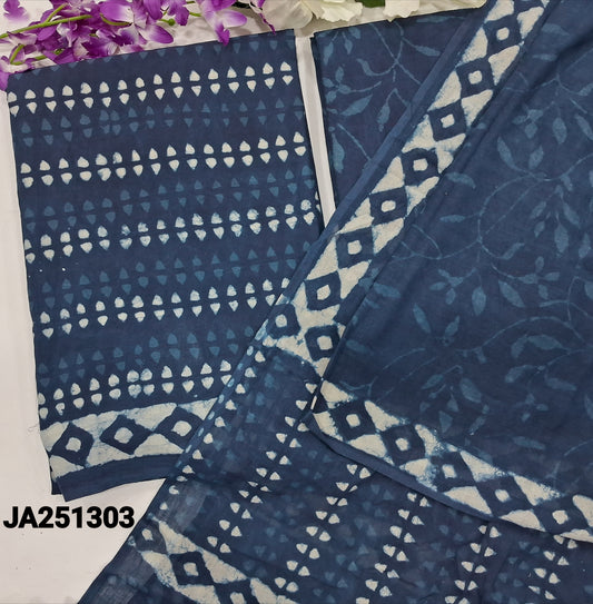 CODE JA251303 : Indigo blue hand block printed pure cotton unstitched salwar material(lining needed)hand block printed cotton bottom, hand block printed pure mul cotton dupatta(REQUIRES TAPINGS).