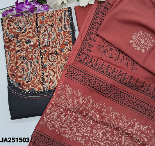 CODE JA251503 : Black handloom cotton unstitched salwar material, hand block printed kalamkari yoke patch(lining optional)maroon cotton bottom, block printed pure cotton dupatta.