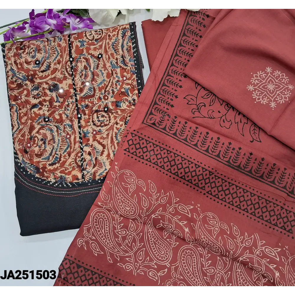 CODE JA251503: Black handloom cotton unstitched salwar material hand block printed kalamkari yoke patch(lining