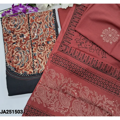 CODE JA251503: Black handloom cotton unstitched salwar material hand block printed kalamkari yoke patch(lining