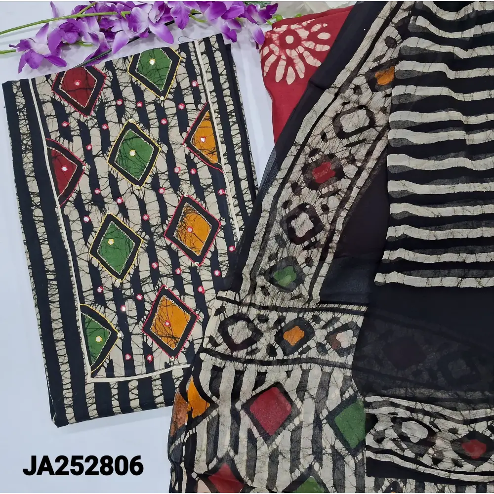 CODE JA252806: Black vertical striped original wax batik dyed pure cotton unstitched salwar material faux mirror work