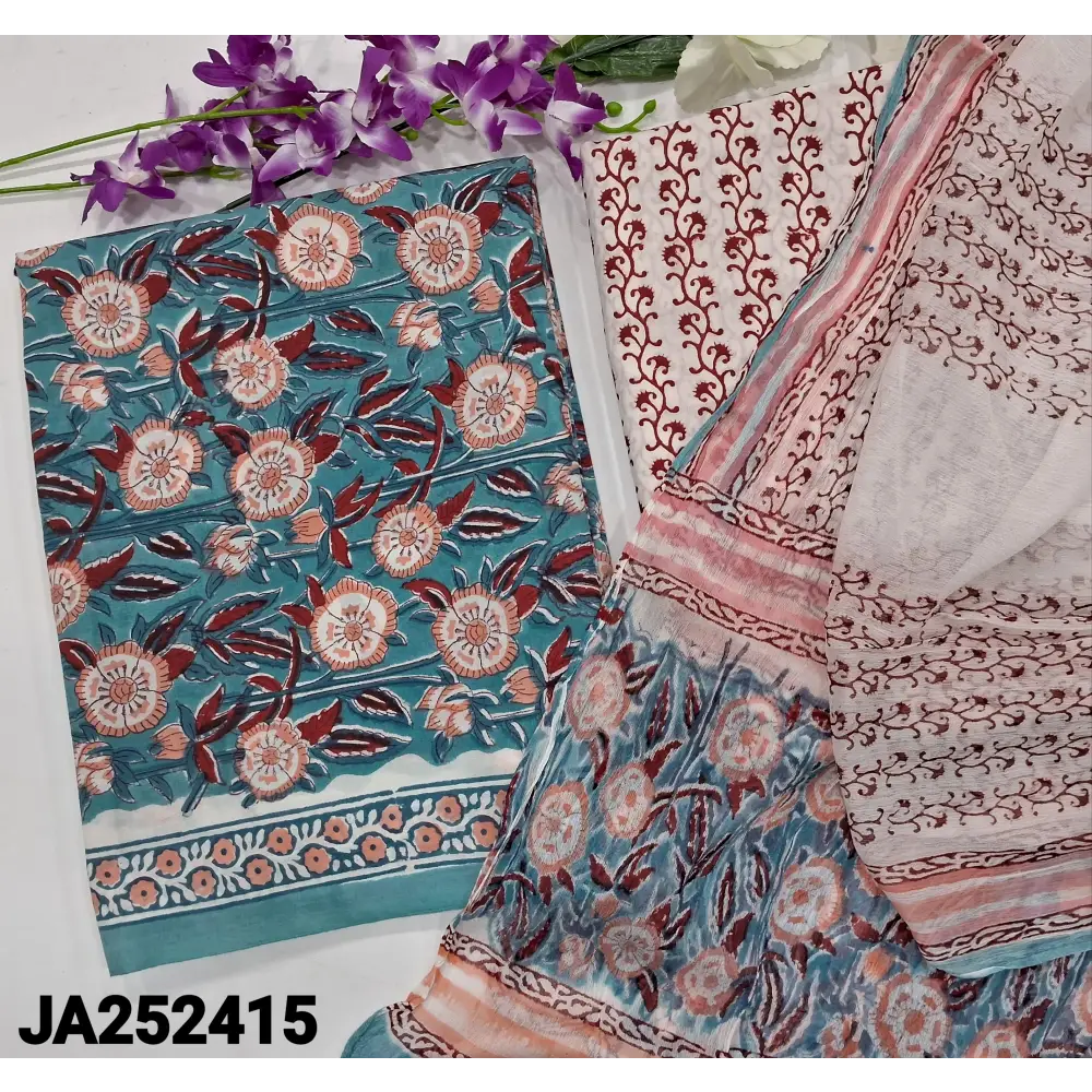 CODE JA252415: Blue hand block printed pure cotton unstitched salwar material(lining needed)hand block printed cotton