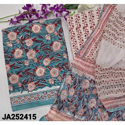 CODE JA252415: Blue hand block printed pure cotton unstitched salwar material(lining needed)hand block printed cotton
