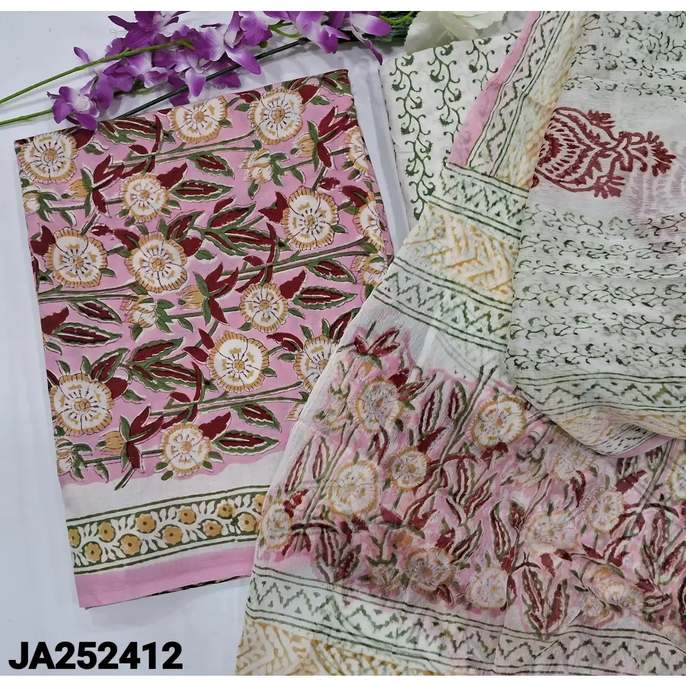 CODE JA252412: Pink hand block printed pure cotton unstitched salwar material(lining needed)hand block printed cotton