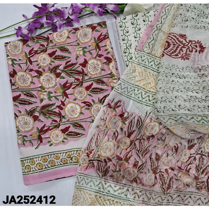CODE JA252412: Pink hand block printed pure cotton unstitched salwar material(lining needed)hand block printed cotton