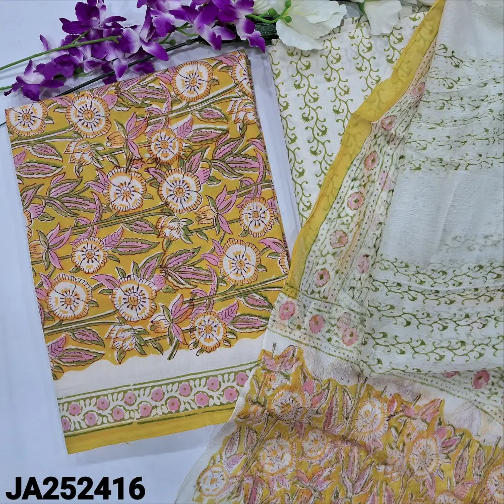 CODE JA252416: Yellow hand block printed pure cotton unstitched salwar material(lining needed)hand block printed cotton