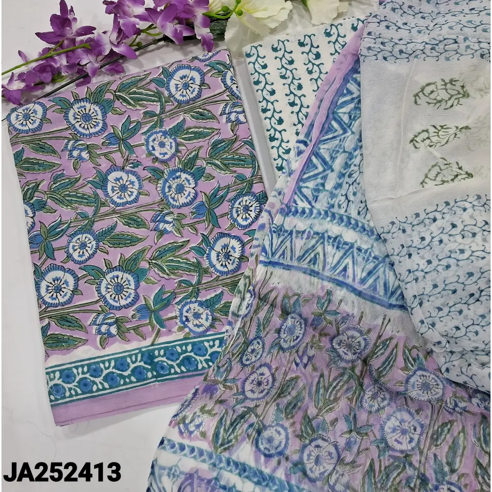 CODE JA252413: Lavender hand block printed pure cotton unstitched salwar material(lining needed)hand block printed