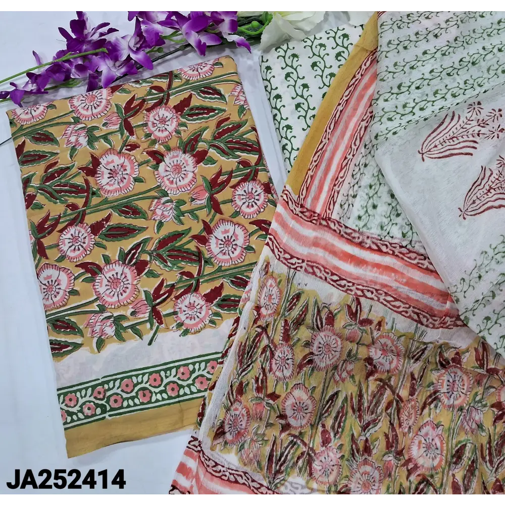 CODE JA252414: Light mehandhi yellow hand block printed pure cotton unstitched salwar material(lining needed)hand block