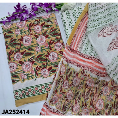 CODE JA252414: Light mehandhi yellow hand block printed pure cotton unstitched salwar material(lining needed)hand block