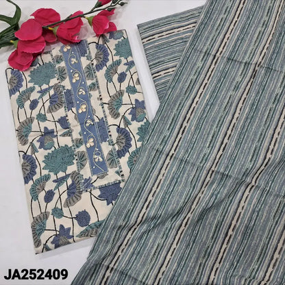 CODE JA252409: Half white base Blue& grey floral printed soft cotton unstitched salwar material(lining needed)printed