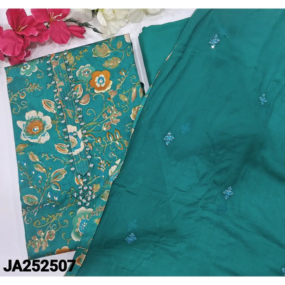 CODE JA252507: Bright turquoise blue floral printed satin cotton unstitched salwar material(lining optional)matching