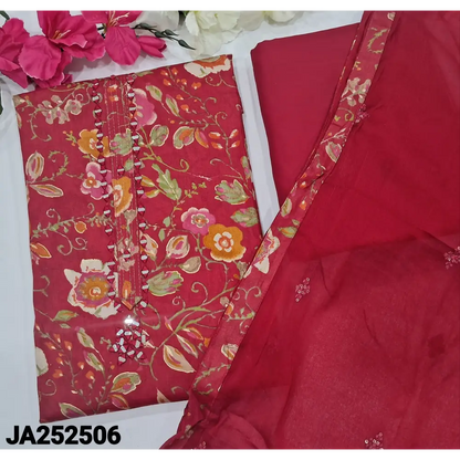 CODE JA252506: Reddish maroon floral printed satin cotton unstitched salwar material(lining optional)matching spun