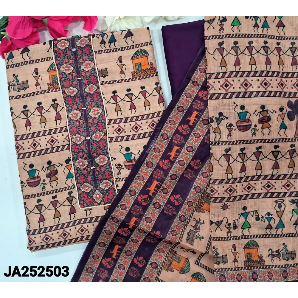 CODE JA252503: Beige base warli printed semi linen unstitched salwar material zari& real mirror work on yoke(lining